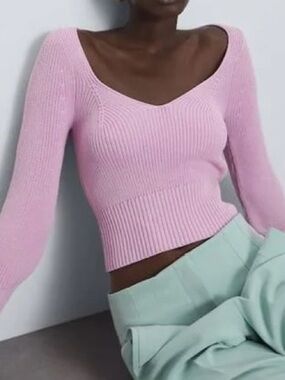 Zara| Lilac Ribbed V-Neck Knit Bodycon Sweater Sz M